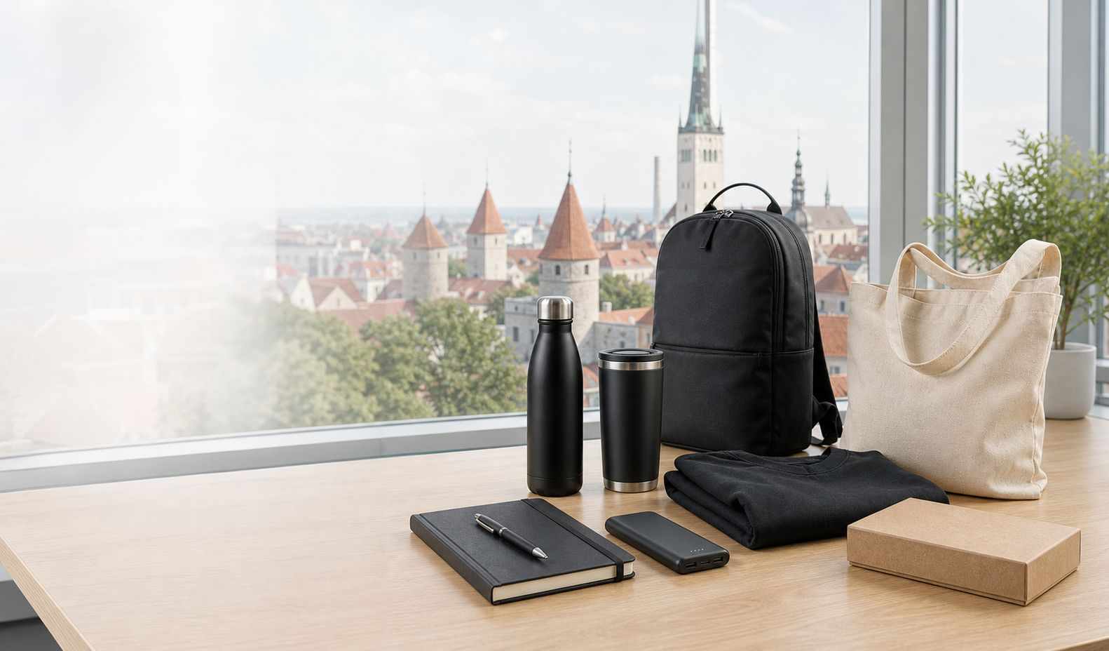 Logo.ee promotional products and corporate gifts with logos against Tallinn Old Town