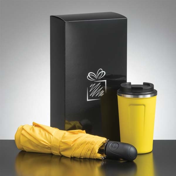 Logotrade promotional merchandise image of: Traveller set: thermal mug 350 ml and full automatic umbrella, yellow