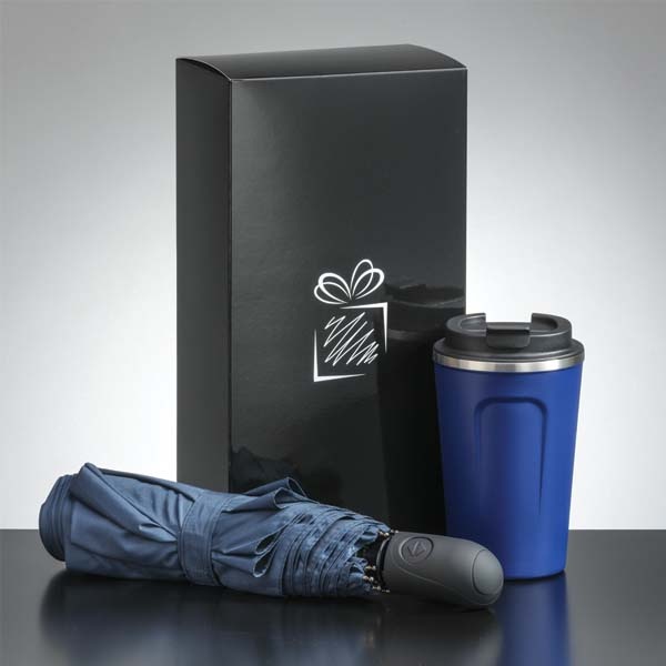 Logo trade promotional giveaways image of: Traveller set: thermal mug 350 ml and full automatic umbrella, blue