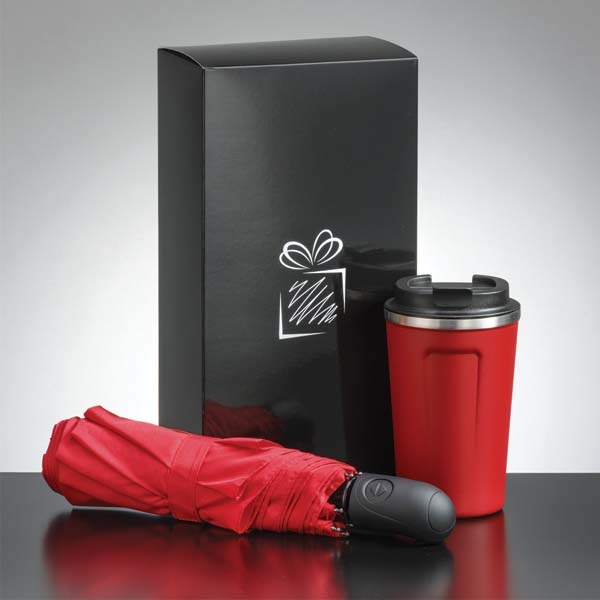 Logotrade promotional gifts photo of: Traveller set: thermal mug 350 ml and full automatic umbrella, red