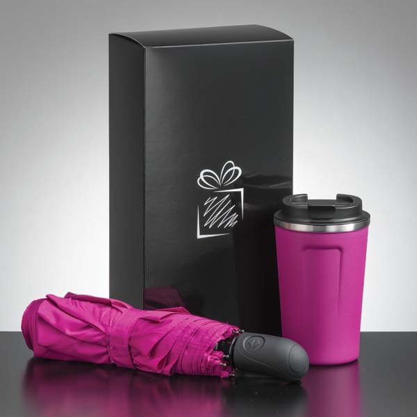 Logotrade promotional items photo of: Traveller set: thermal mug 350 ml and full automatic umbrella, pink