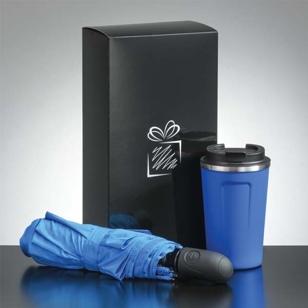 Logotrade promotional item picture of: Traveller set: thermal mug 350 ml and umbrella, light blue