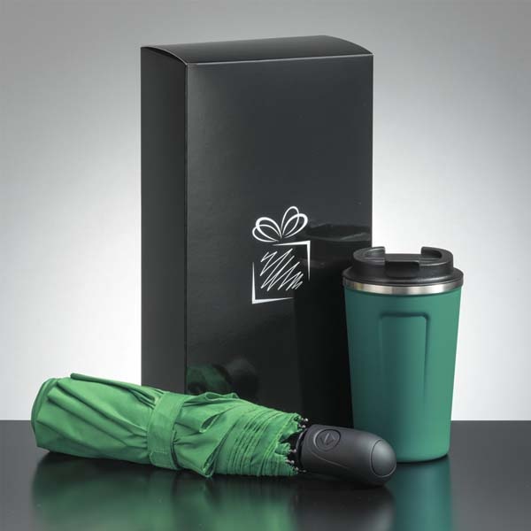 Logo trade promotional giveaways picture of: Traveller set: thermal mug 350 ml and full automatic umbrella, green