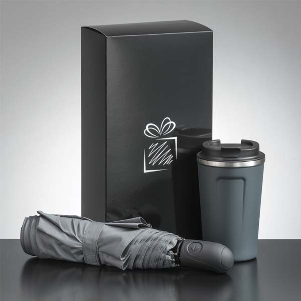 Logotrade advertising products photo of: Traveller set: thermal mug 350 ml and full automatic umbrella, gray