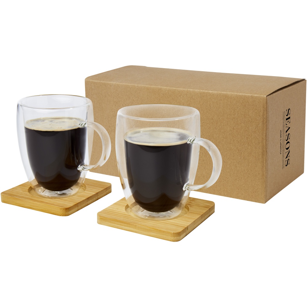 Logotrade promotional products photo of: Manti 2-piece 350 ml double-wall glass cup with bamboo coaster 