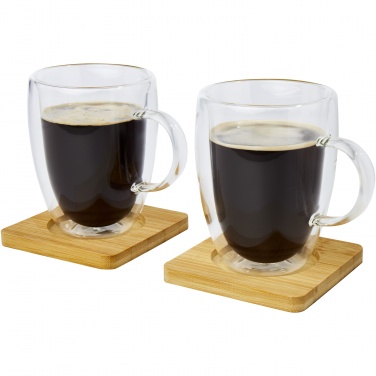 Logotrade advertising products photo of: Manti 2-piece 350 ml double-wall glass cup with bamboo coaster 