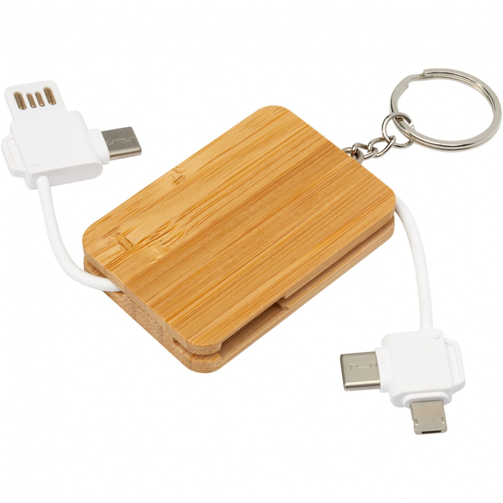 Logotrade advertising product picture of: Reel 6-in-1 retractable bamboo key ring charging cable