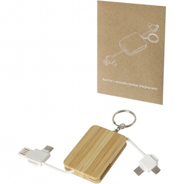 Logo trade promotional merchandise photo of: Reel 6-in-1 retractable bamboo key ring charging cable