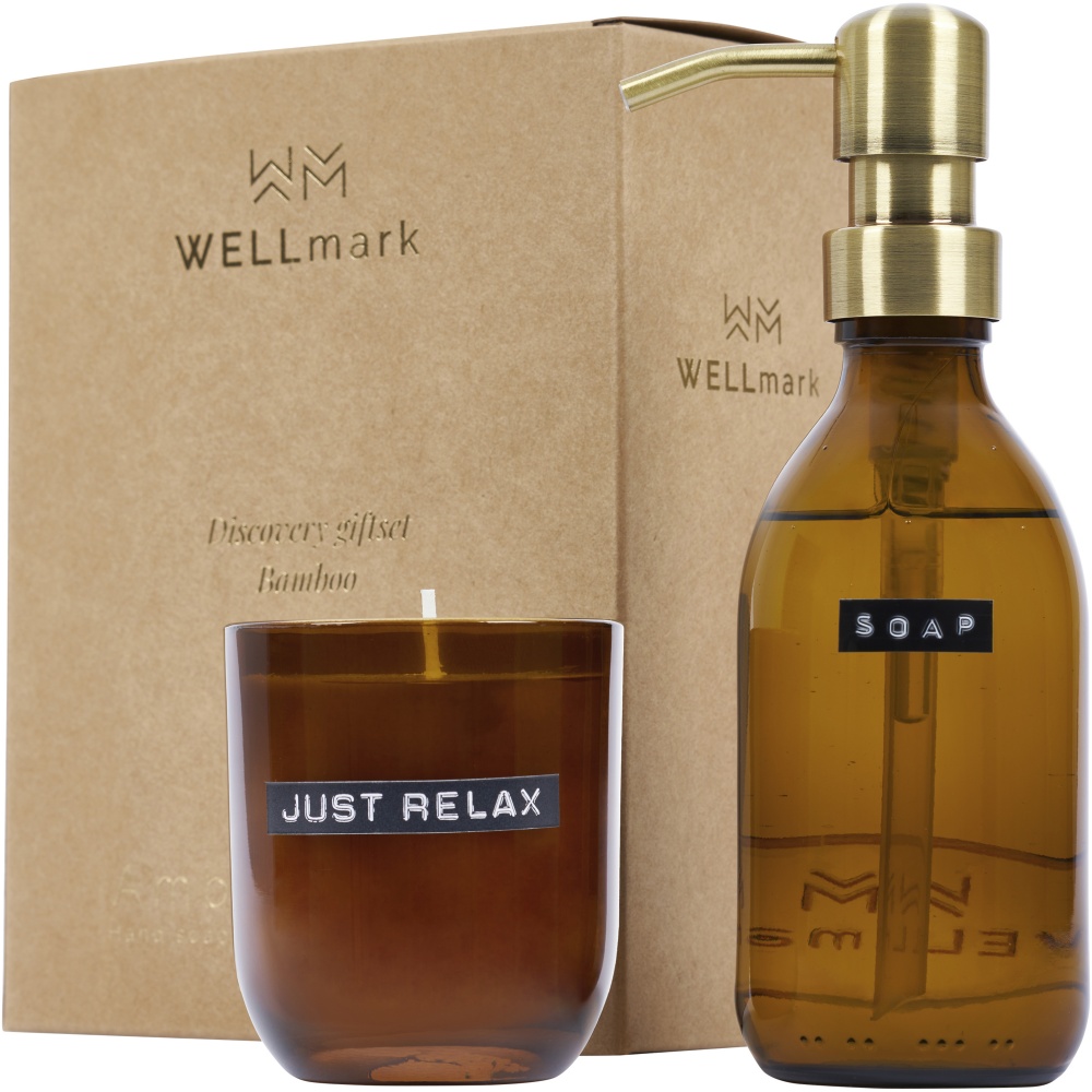 Logo trade promotional giveaway photo of: Wellmark Discovery 200 ml hand soap dispenser and 150 g scented candle set - bamboo fragrance