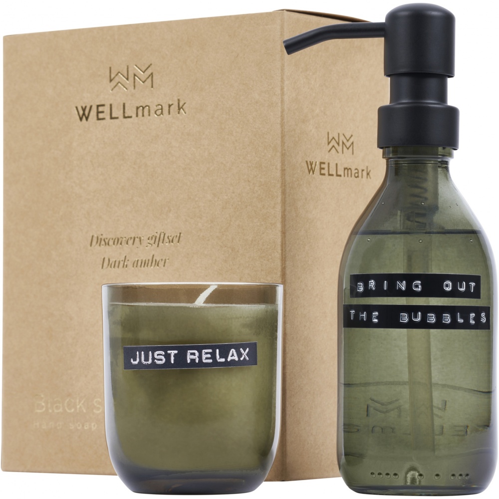 Logo trade promotional merchandise image of: Wellmark Discovery 200 ml hand soap dispenser and 150 g scented candle set - dark amber fragrance