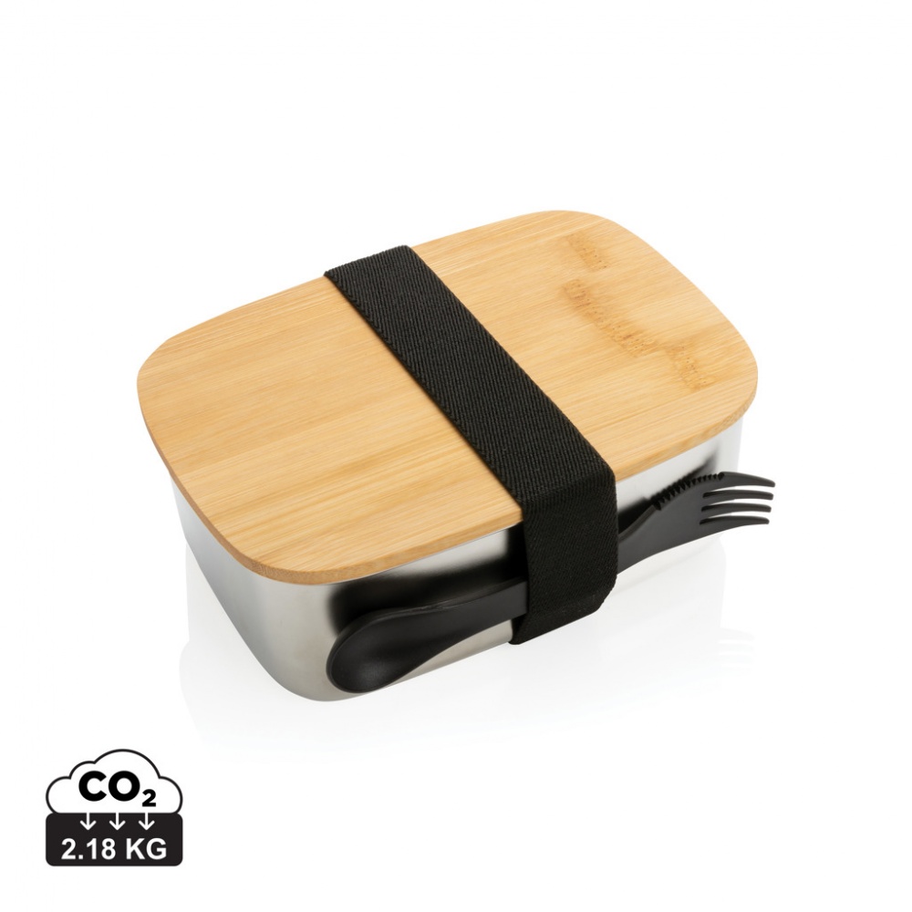 Logotrade advertising product image of: Stainless steel lunchbox with bamboo lid and spork