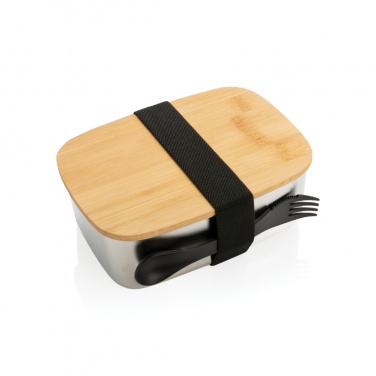 Logo trade corporate gifts image of: Stainless steel lunchbox with bamboo lid and spork