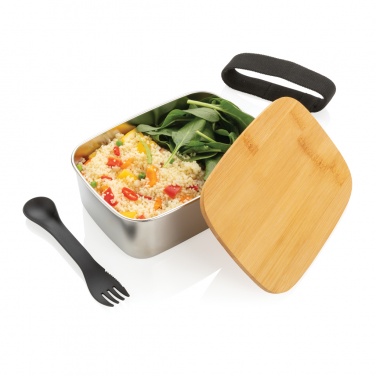 Logotrade corporate gift picture of: Stainless steel lunchbox with bamboo lid and spork