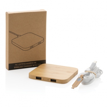 Logo trade corporate gifts image of: Bamboo 5W wireless charger with USB