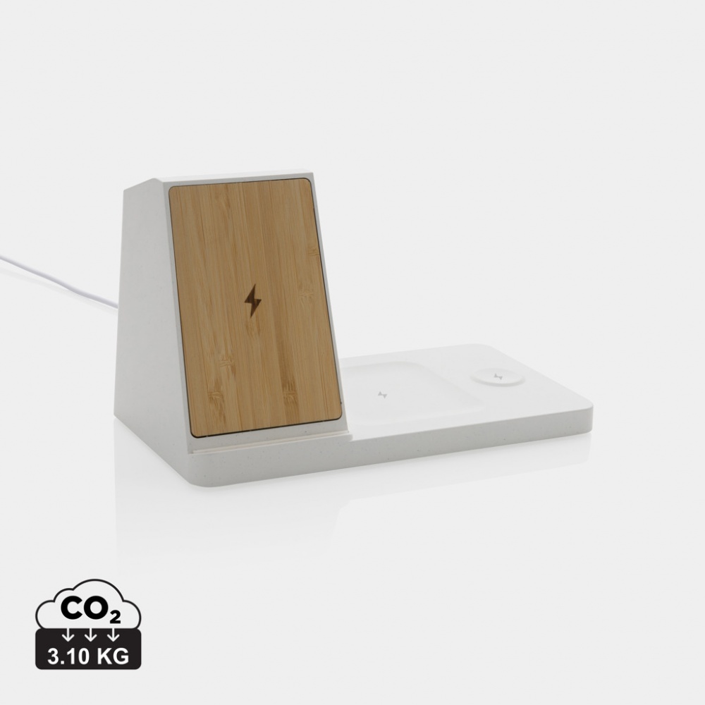 Logo trade corporate gift photo of: Ontario recycled plastic & bamboo 3-in-1 wireless charger