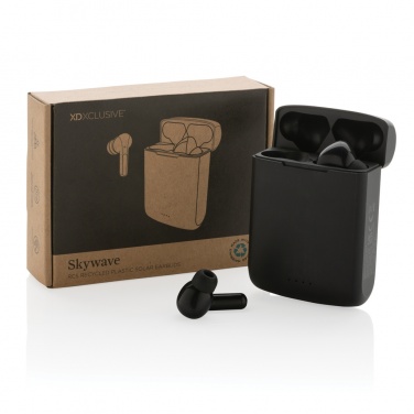 Logo trade promotional gift photo of: Skywave RCS recycled plastic solar earbuds