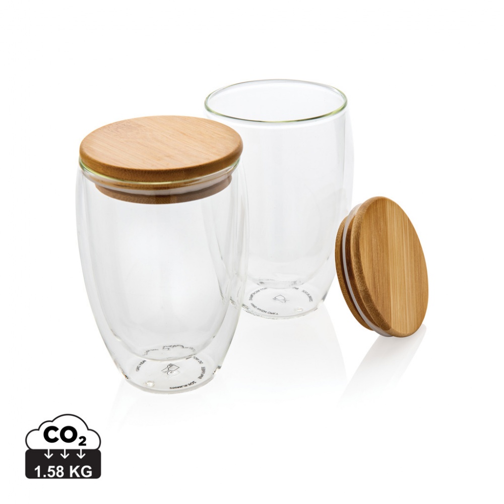 Logo trade promotional merchandise image of: Double wall borosilicate glass with bamboo lid 350ml 2pc set