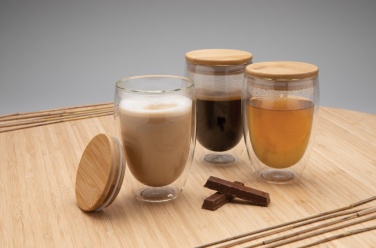 Logo trade corporate gifts picture of: Double wall borosilicate glass with bamboo lid 350ml 2pc set