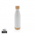 Vacuum stainless steel bottle with bamboo lid and bottom, white