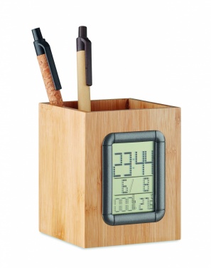 Logo trade corporate gifts picture of: Bamboo pen holder and LCD clock