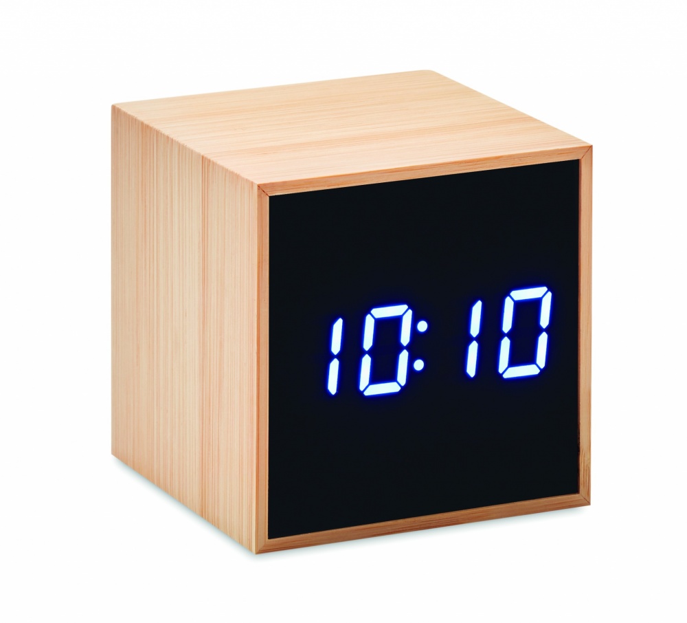 Logo trade business gift photo of: LED alarm clock bamboo casing Dortmund