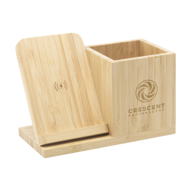 Logo trade corporate gifts picture of: Bamboo Boss 15W charger/pen holder