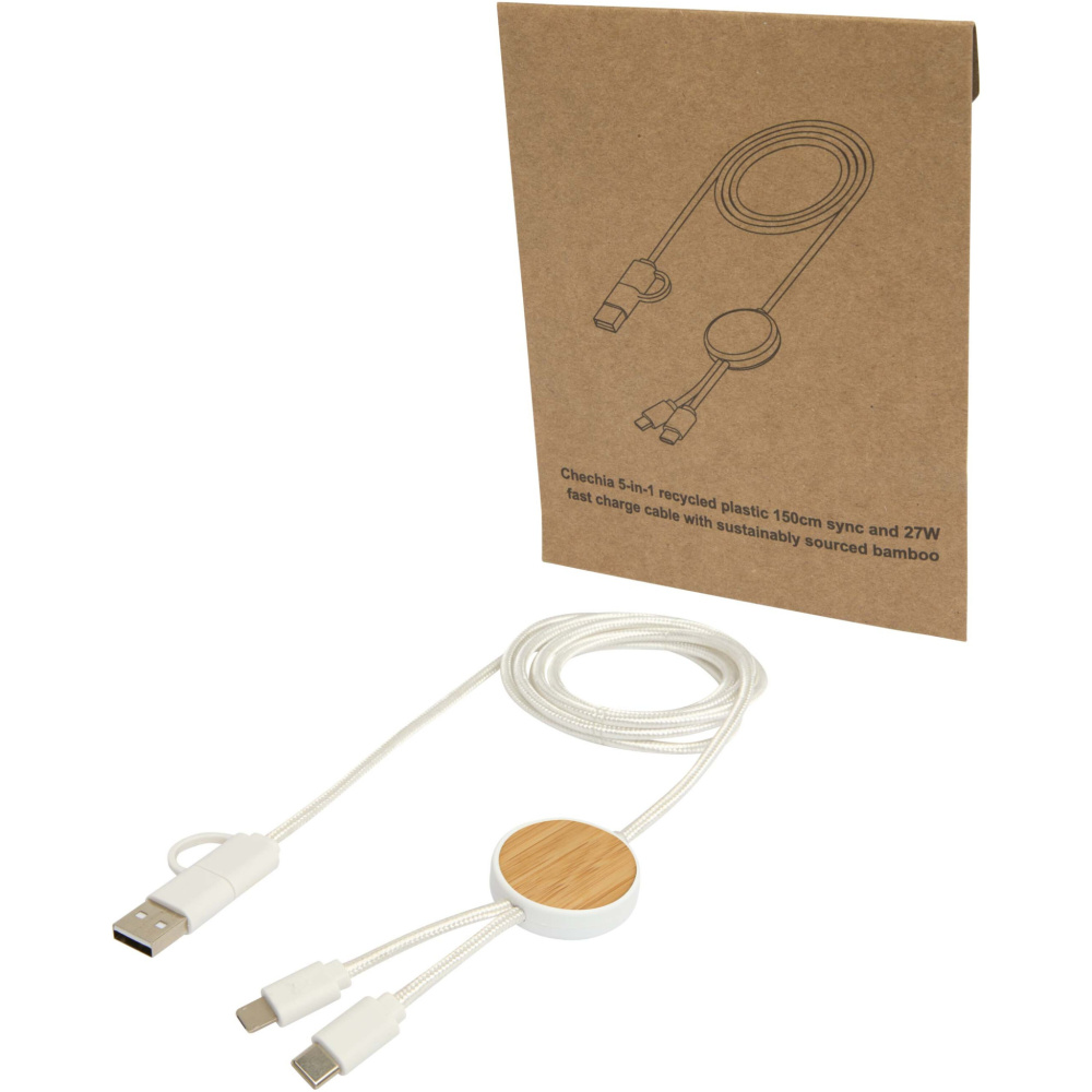 Logotrade advertising product image of: Chechia 5-in-1 recycled plastic 150 cm data sync and 27W fast charge cable with bamboo details