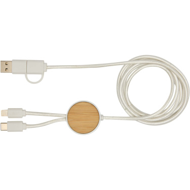 Logo trade promotional products image of: Chechia 5-in-1 recycled plastic 150 cm data sync and 27W fast charge cable with bamboo details