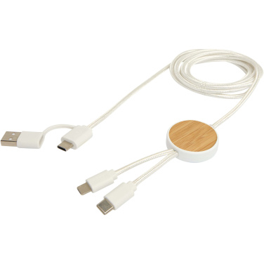 Logo trade promotional merchandise image of: Chechia 5-in-1 recycled plastic 150 cm data sync and 27W fast charge cable with bamboo details