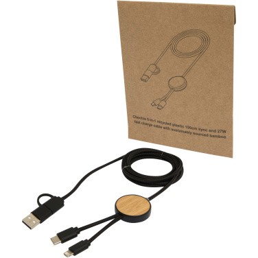 Logotrade advertising product image of: Chechia 5-in-1 recycled plastic 150 cm data sync and 27W fast charge cable with bamboo details