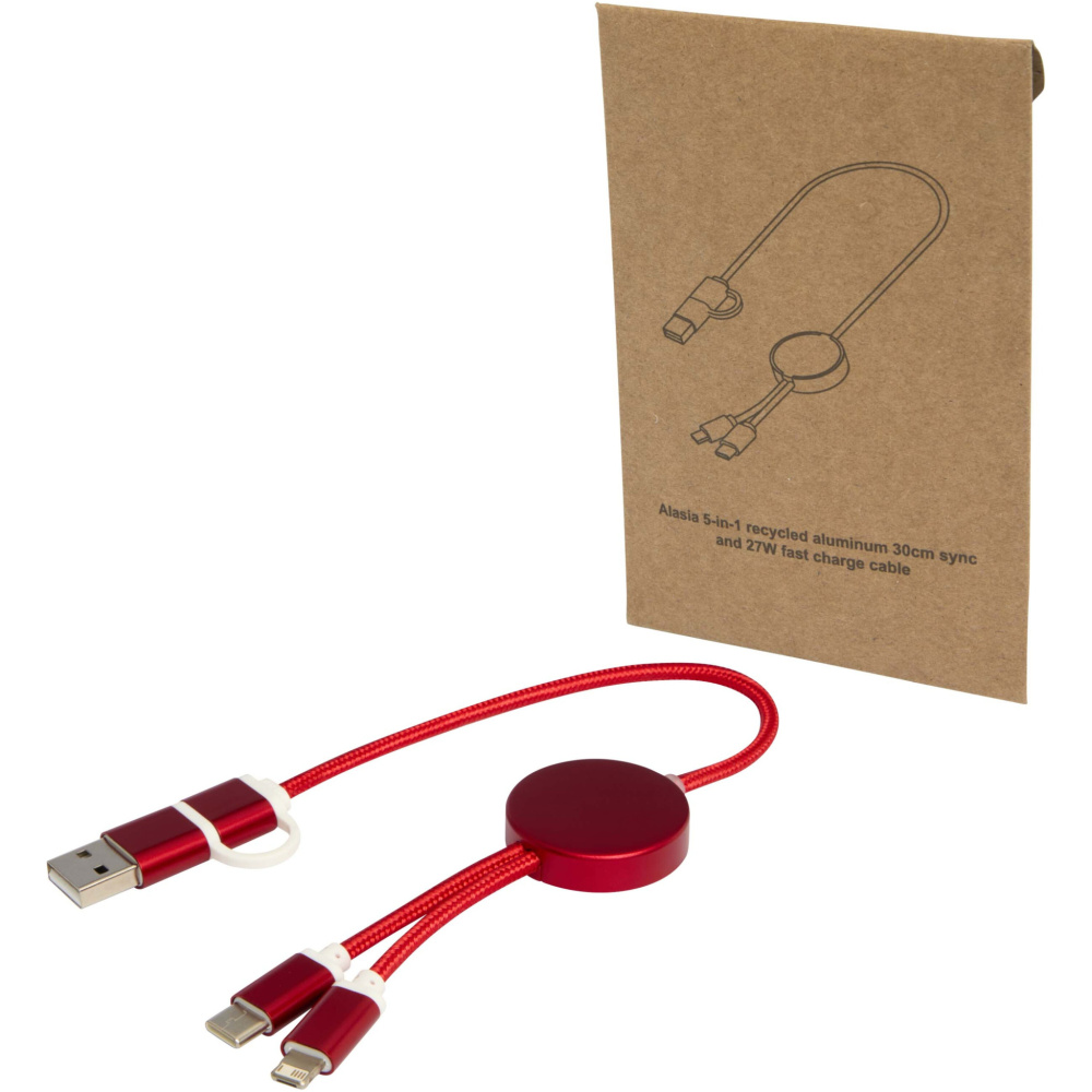 Logo trade promotional merchandise image of: Alasia 5-in-1 recycled aluminium and plastic 30 cm data sync and 27W fast charge cable